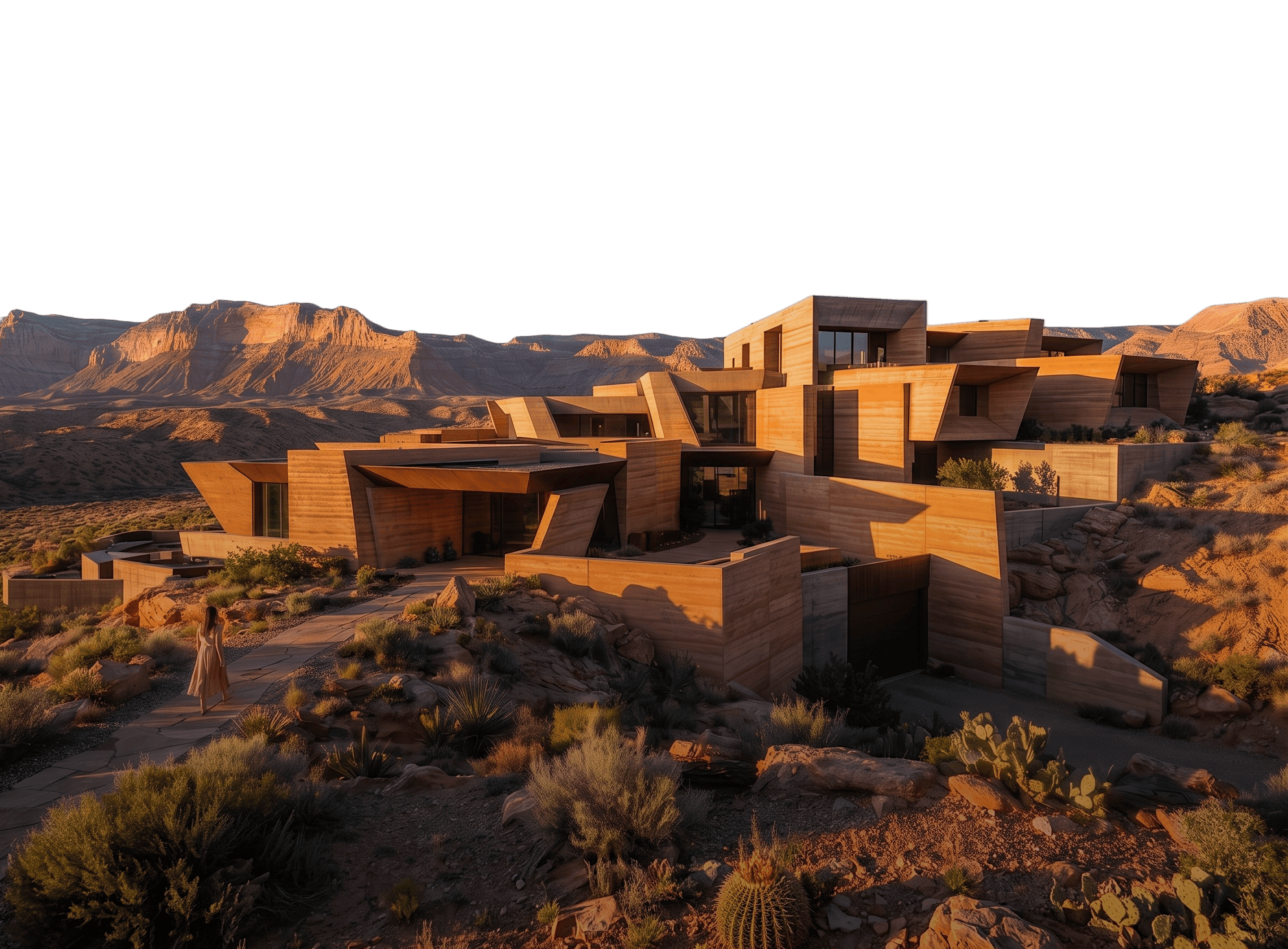 Modern rammed-earth architectural residence nestled in desert mountain terrain