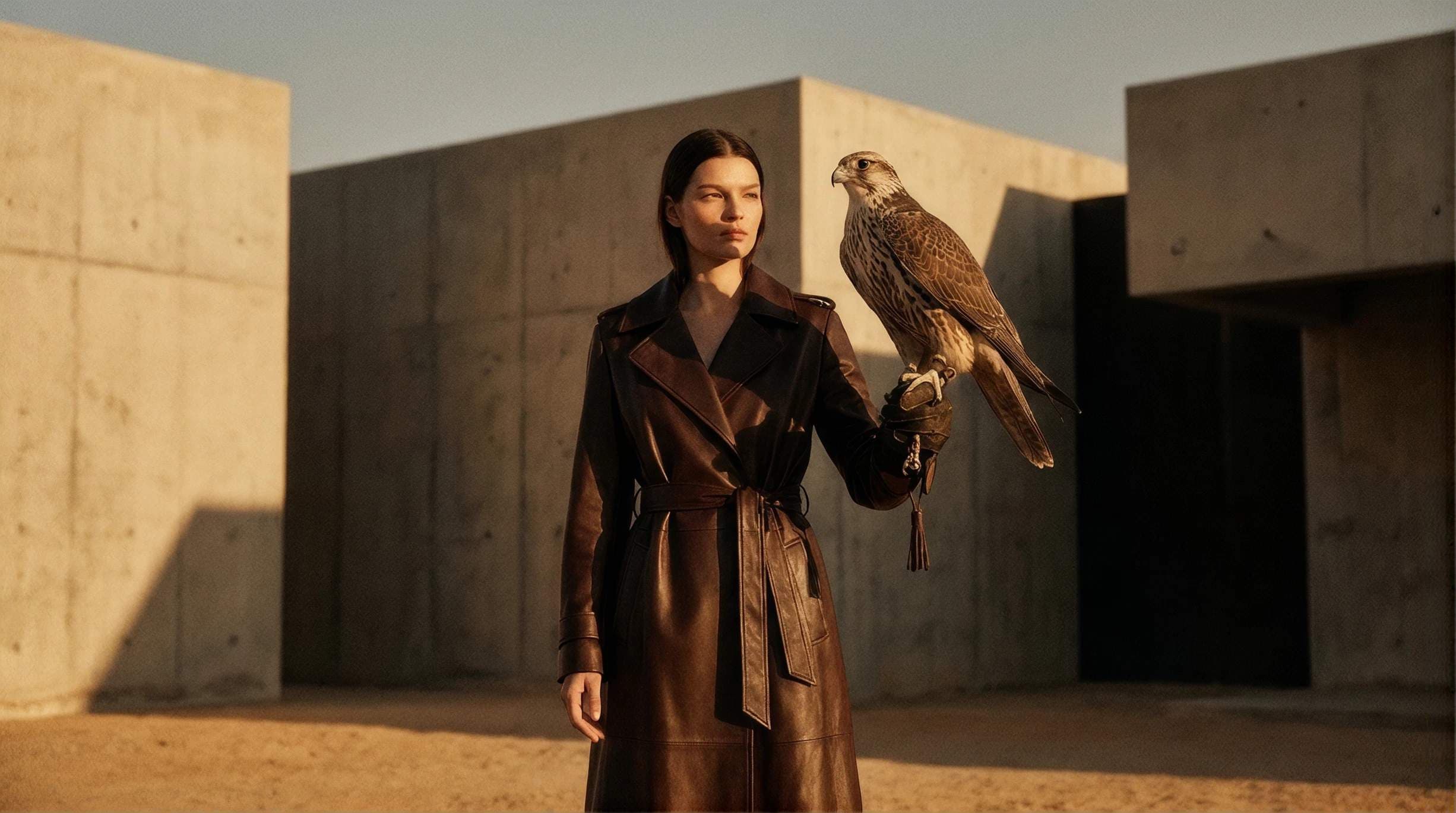 Woman in a tailored brown trench coat holding a perched falcon in a minimalist concrete courtyard