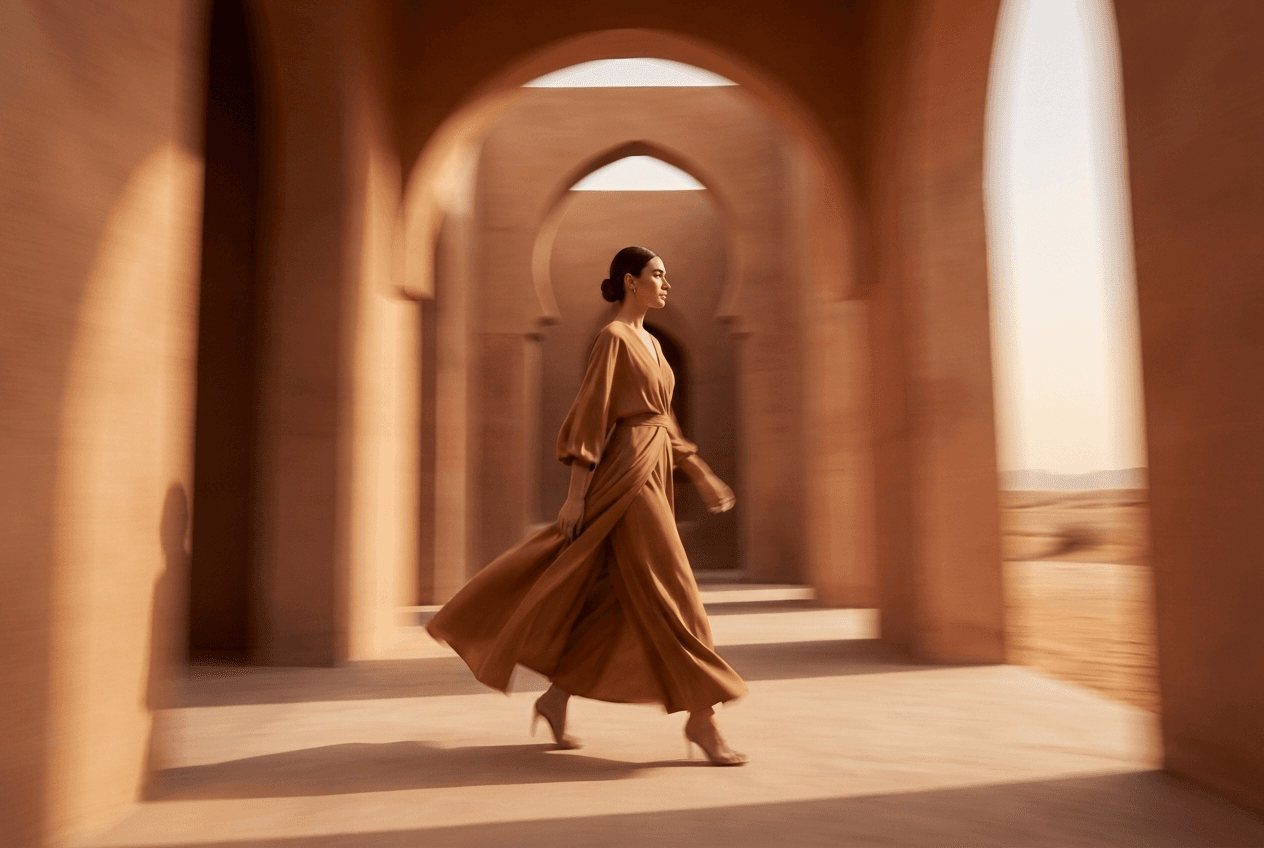 Woman in a flowing ochre dress walking through a sunlit corridor of classical terracotta arches